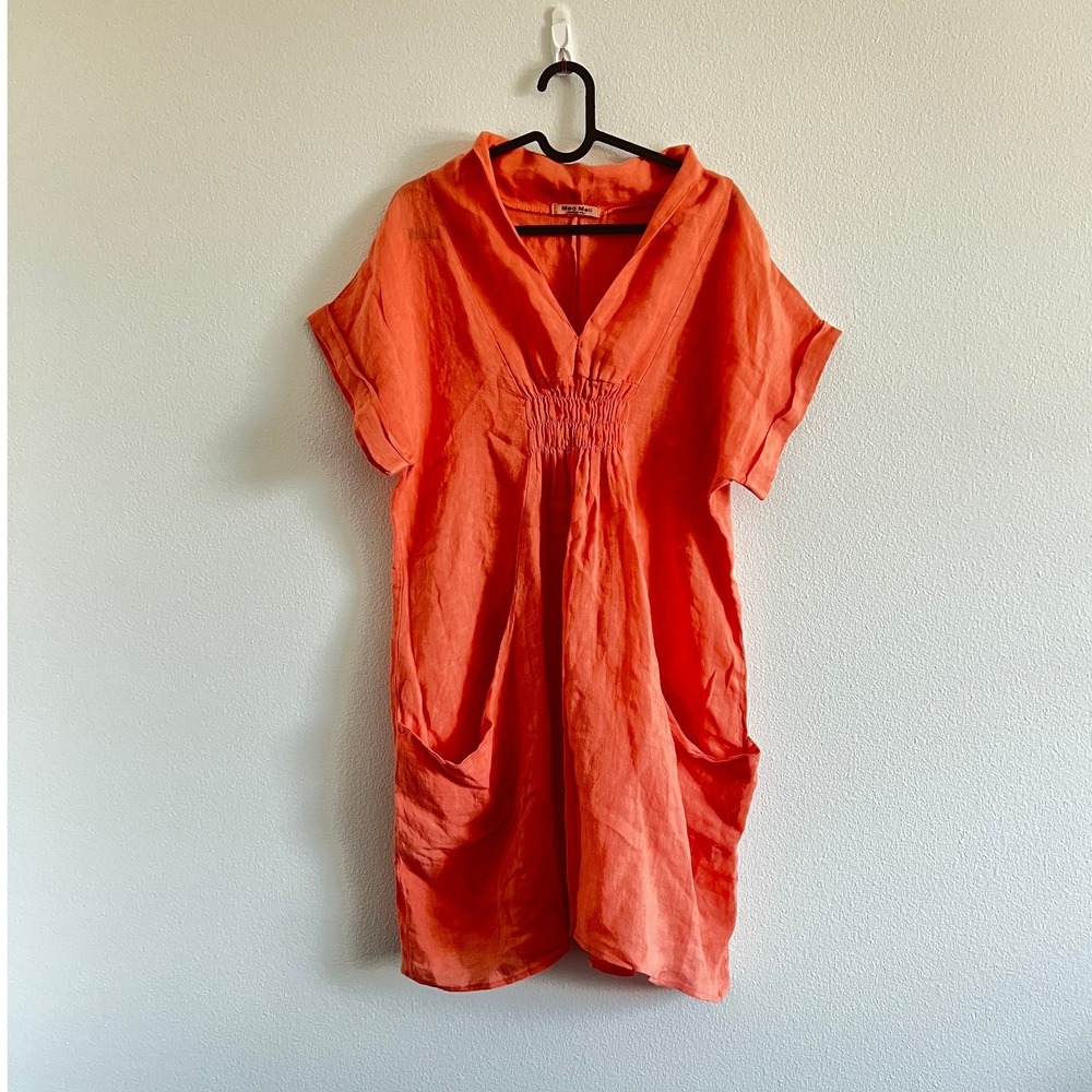 Meo Meli Linen Coral Short Sleeve Mini Dress L Lagenlook Tomato Girl Summer